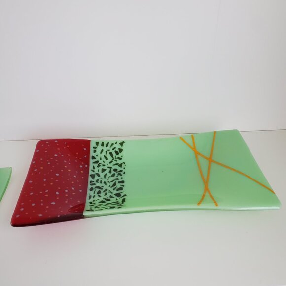 Vintage Fused Glass Serving Platters Mint Green Opaque Red Decorative Party Two - Picture 7 of 9
